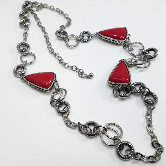 Chico's Reversible Red To Brown Silver Necklace, Red Cabochons, Brown Cabochons - Picture 3 of 8